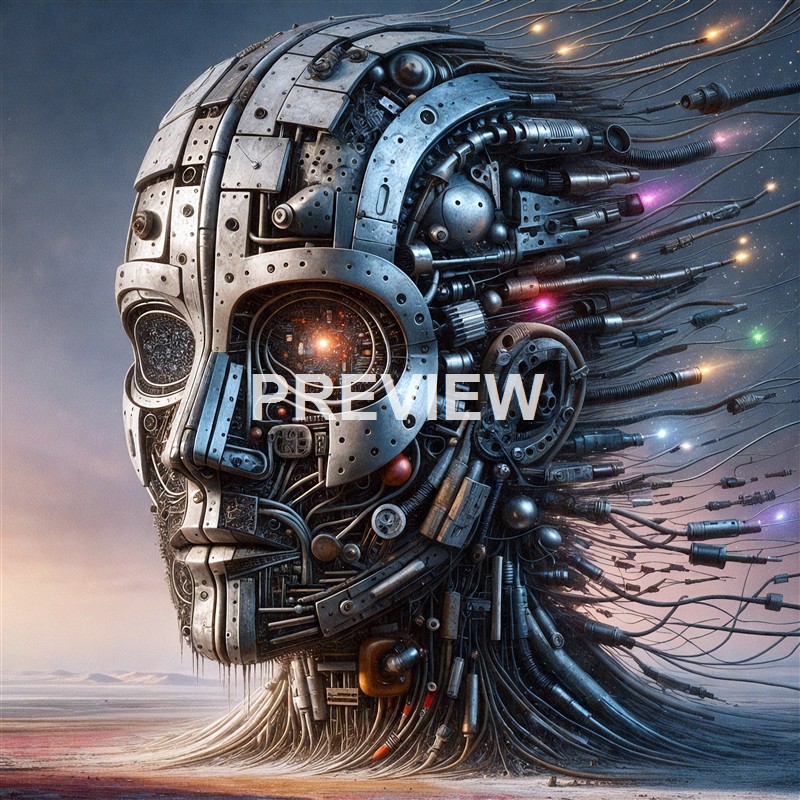 A highly detailed and artistic depiction of a humanoid face constructed from various metallic and mechanical parts, with wires extending from the head into a starry sky background.